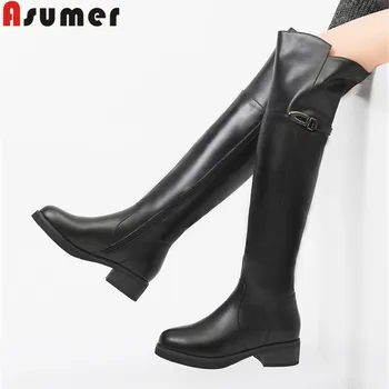 

ASUMER 2020 fashion over the knee boots round toe zip pu+cow leather boots med heels ladies wool inside winter snow boots