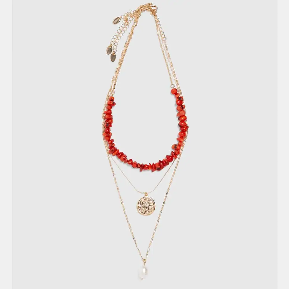 

JUST FEEL ZA Fashion multi-layer Red Stone Collar Choker Necklaces For Women Vintage Statement Coin pearl Necklace Pendant Party