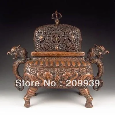 

00795 Chinese Bronze Incense Burner & Lid w Dragon NR statue