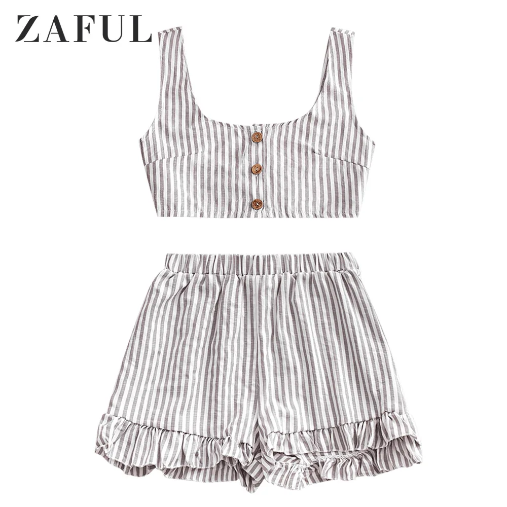 

ZAFUL Striped U Neck Buttoned Sexy Tank Crop Top With Ruffles Shorts Chic Summer Sleeveless High Waist Two Piece Women'S Sets