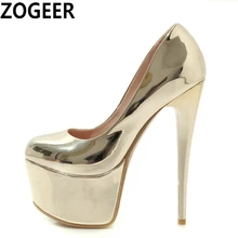Escarpins Sexy à plateforme pour femmes, chaussures fétiches à talons hauts extrêmes de 16cm, en cuir verni or argent, chaussures de fête de mariage, grande taille