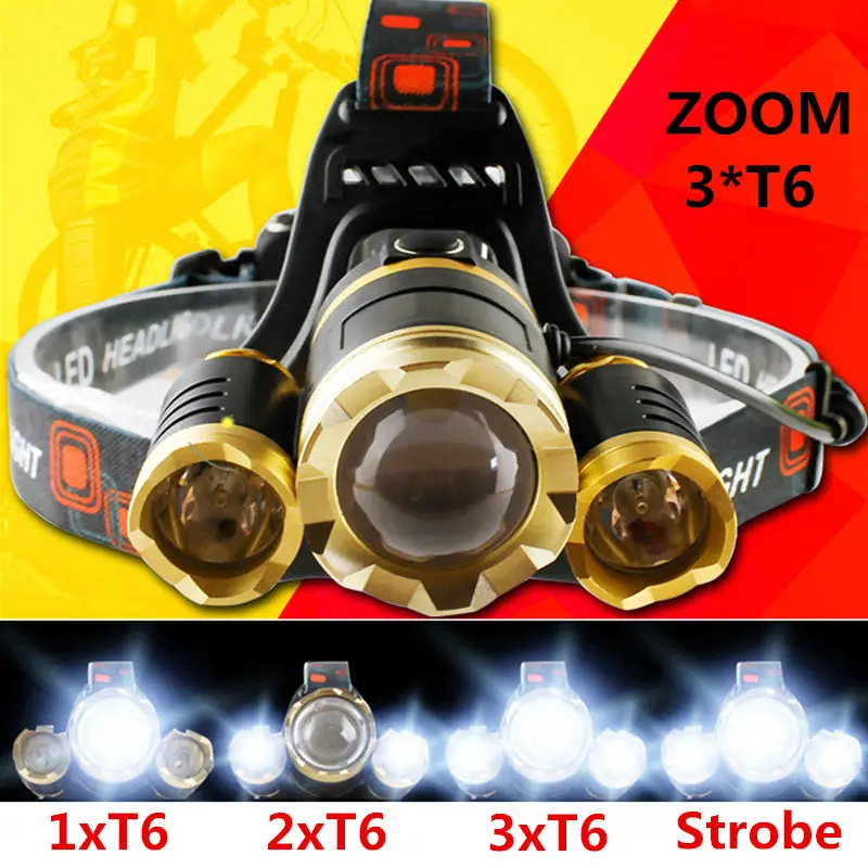 Масштабируемые головного света 9000Lm XML 3T6 светодио дный светодиодные фары Регулируемый зум фокус 4 режима 18650 Глава фонарик факел лампы