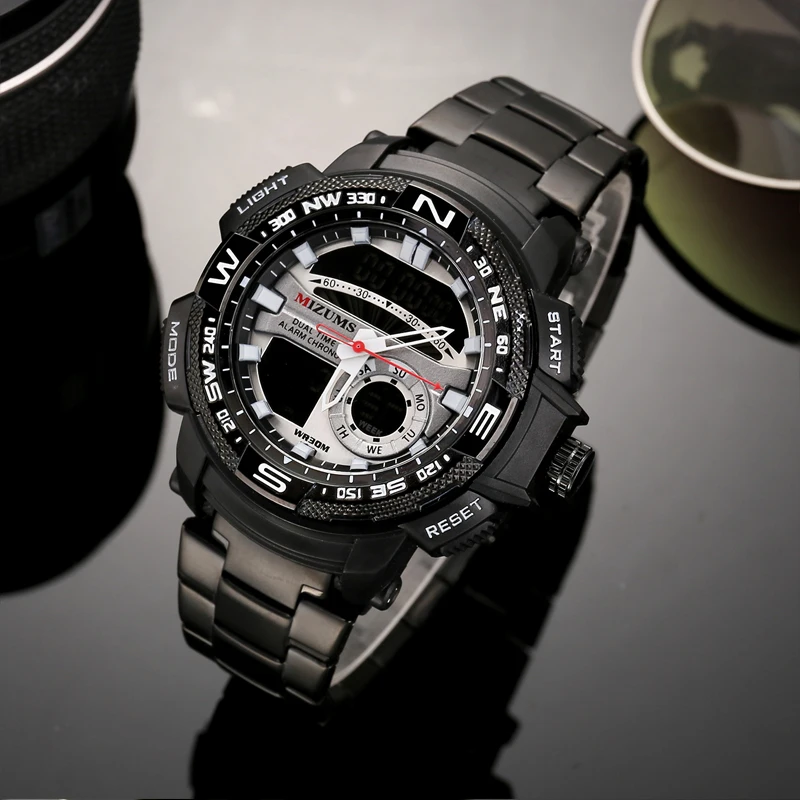 cool big case golden steel band bracelet quartz watches for men led digtial sports watches mens wristwatches dual time zones military style clock man free shipping (10)