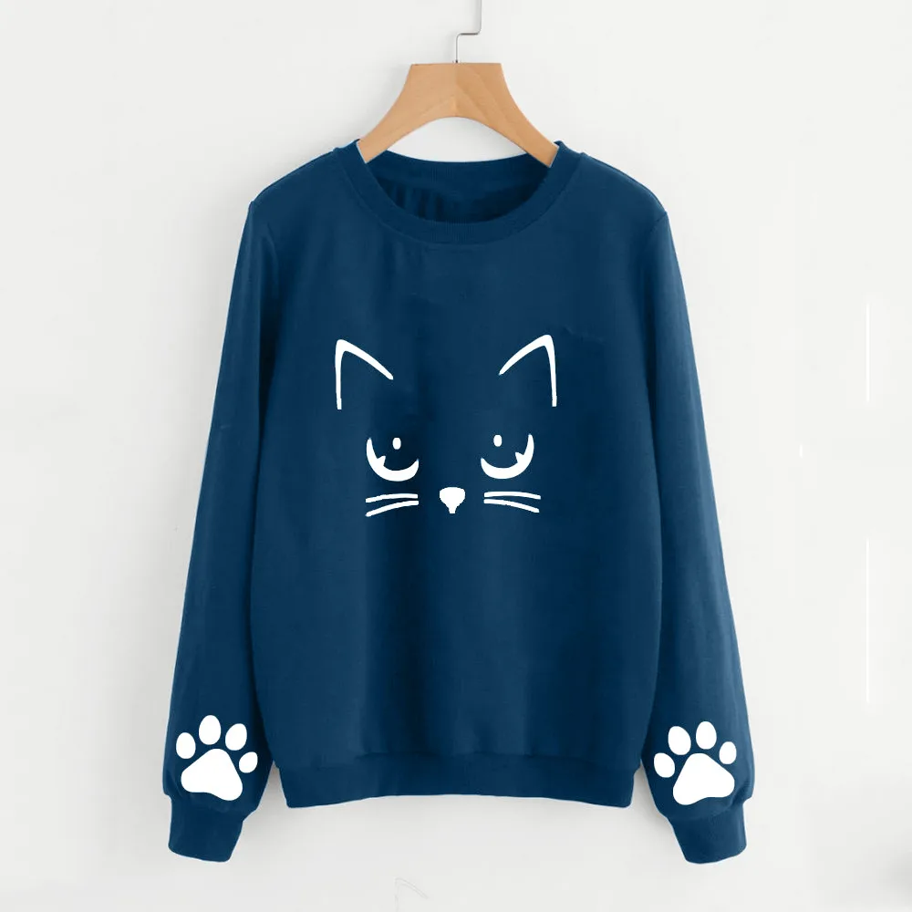 Autumn Winter Women Hoodies Cat Print O Neck Ladies Sweatshirt Casual Long Sleeve Regular Blouse Tops Loose Pullover - Цвет: Dark Blue