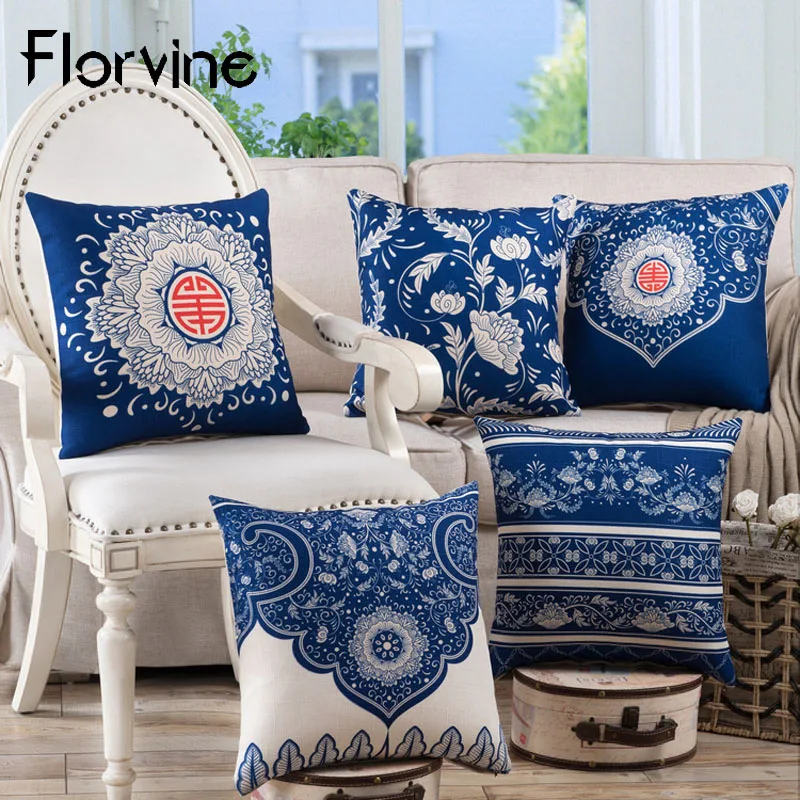 Chinese Style Cushion Cover Flower Print Pillow Case 45*45 Linen Cotton