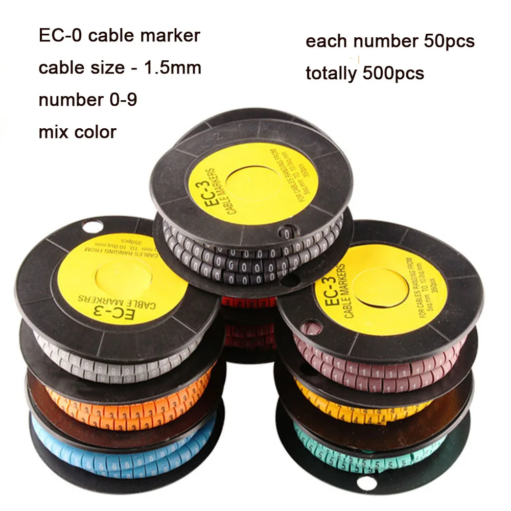 Метка маркера кабеля EC-0 Маркер кабельной проводки номер от 0 до 9 размер кабеля 1,5 sqmm разноцветные ПВХ маркеры кабеля маркер изоляции - Цвет: EC-0-500PCS-mix