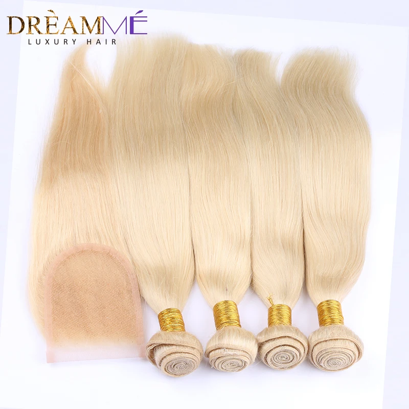 

613 Color Brazilian Straight Hair 3 Bundles With Lace Closure 3 Pcs Human Hair Bundles With 4X4 613 Closure Dreaming Queen Hair