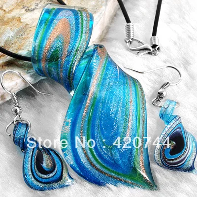 

12 Sets/Lot Blue Lampwork Glass Murano Pendant Necklace Earrings FASHION