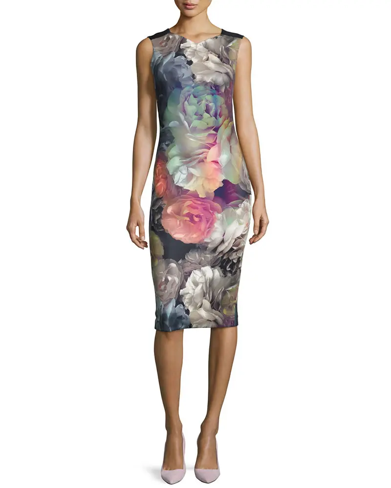 

Luxury 3D Flower Print Women Dress Elegant Sheath O-Neck Dresses
