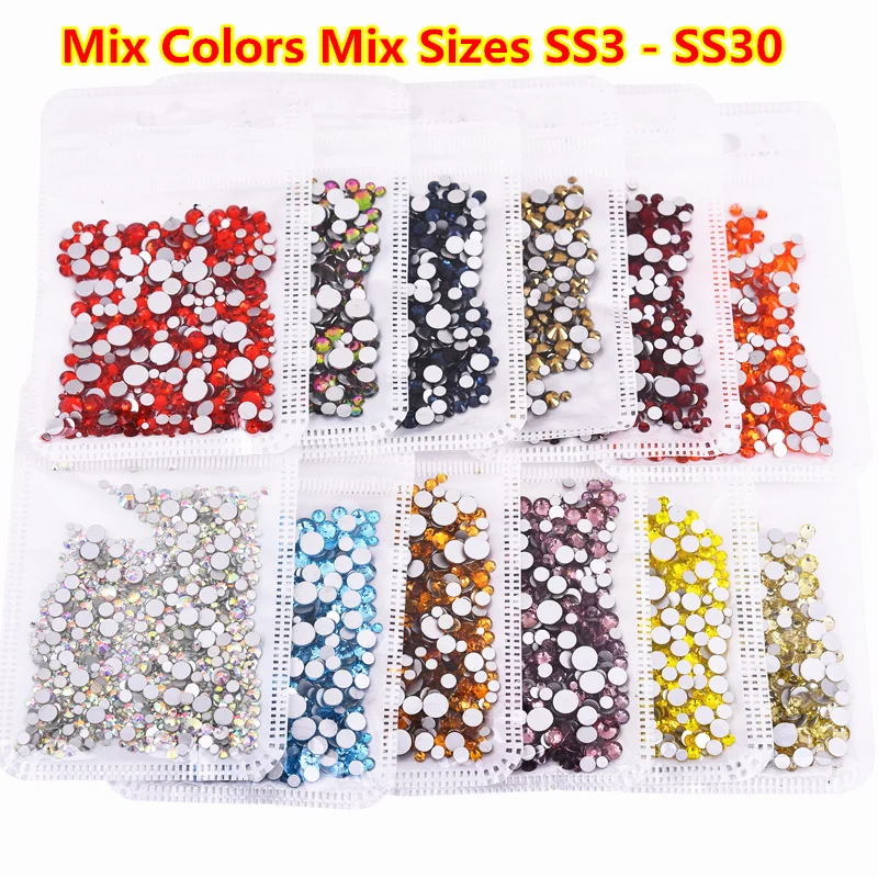 

30Colors 1500pcs/bag Mix Sizes ss3-ss30 Non Hotfix Rhinestones Glass Flatback Nail Art Stones Strass Nail Decoration Crystal Mix