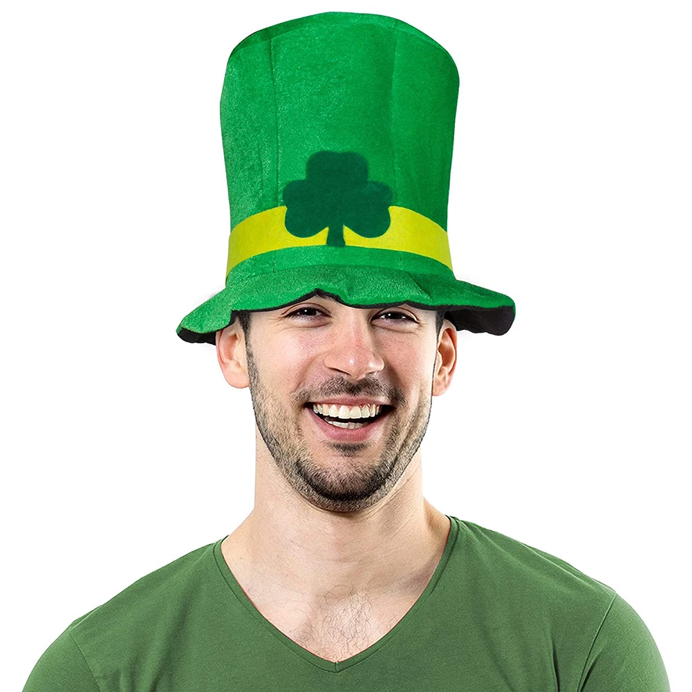 Irish St Patrick Day Green Shamrock Velvet High Top Hat Party Adult Cap Costume