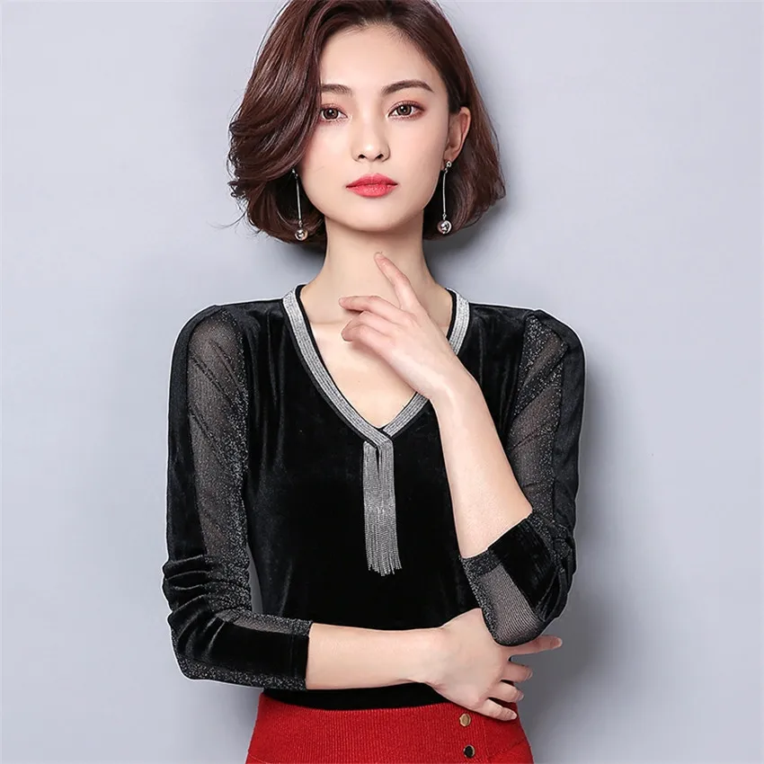 Günstige 2019 herbst Winter Samt Bluse Frauen Tops Und Blusen Hohe Qualität Mode Frauen Sexy Sheer Schwarz Mesh Bluse Shirt Blusa