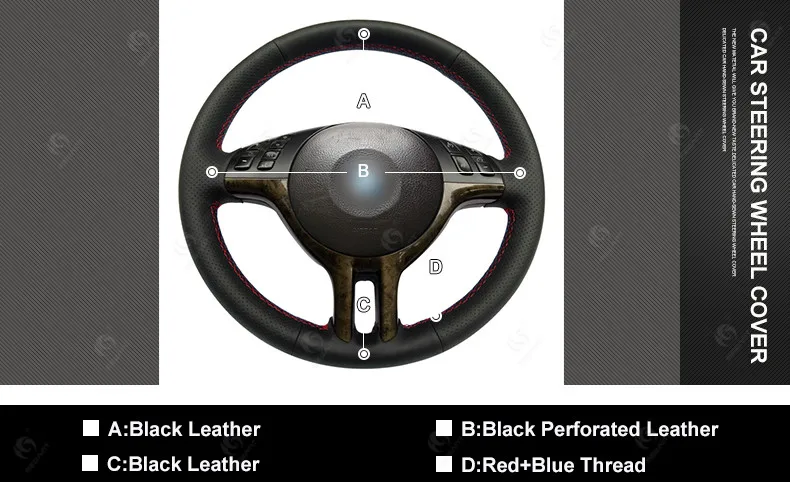 Black Red Leather Steering Wheel Cover Wrap for BMW E39 E46 325i 328i E53 X5 X3