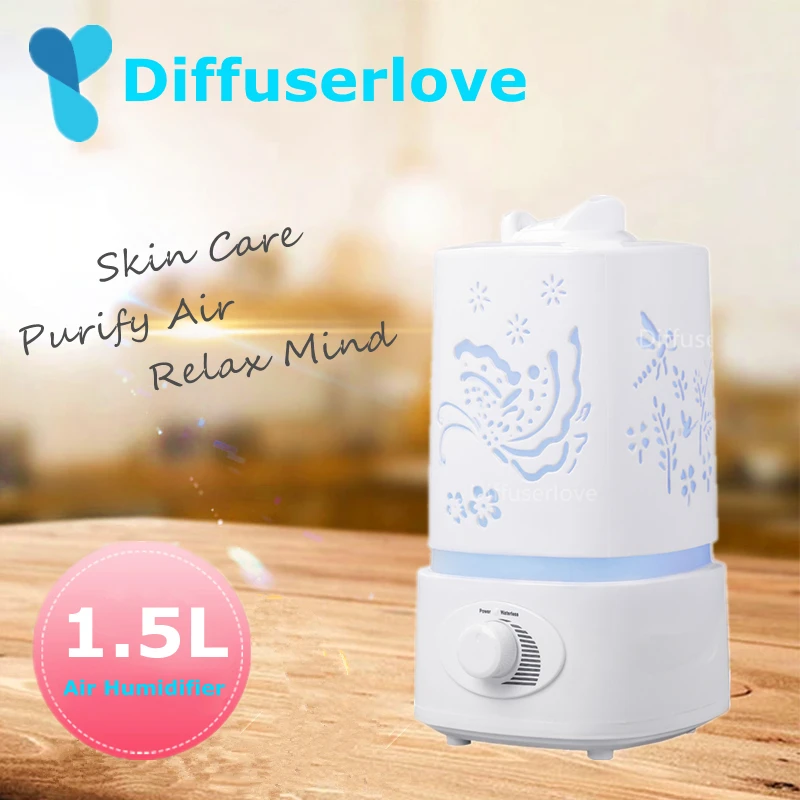 

Diffuserlove 1.5L Air Humidifier Essential Oil Diffuser Hollow Pattern Aroma Diffusor with 7 Color LED Household Mist Maker