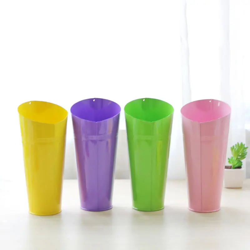 

23CM Candy Color Tin Bucket Flower Pot 1PC Pastoral Style oblique mouth Desktop Vase Supplies Garden Pots Planters