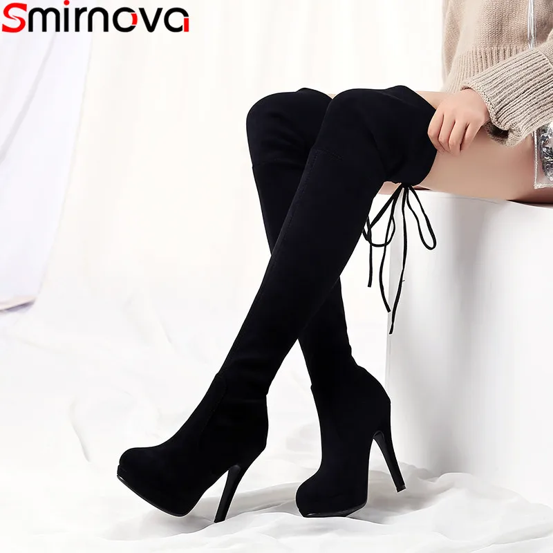 

Smirnova 2019 autumn winter boots women round toe cross tied ladies shoes platform super high heels over the knee boots women