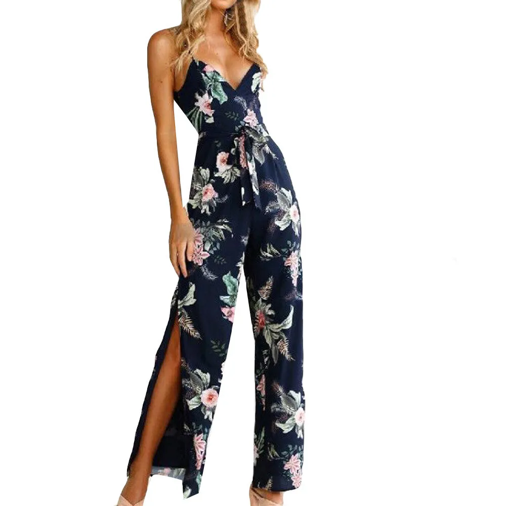 

2019 Elegant Jumpsuits For Women Ladies Summer Casual Sleeveless V-Neck Floral Print Straps Wide Leg Rompers Jumpsuits M10 MA8
