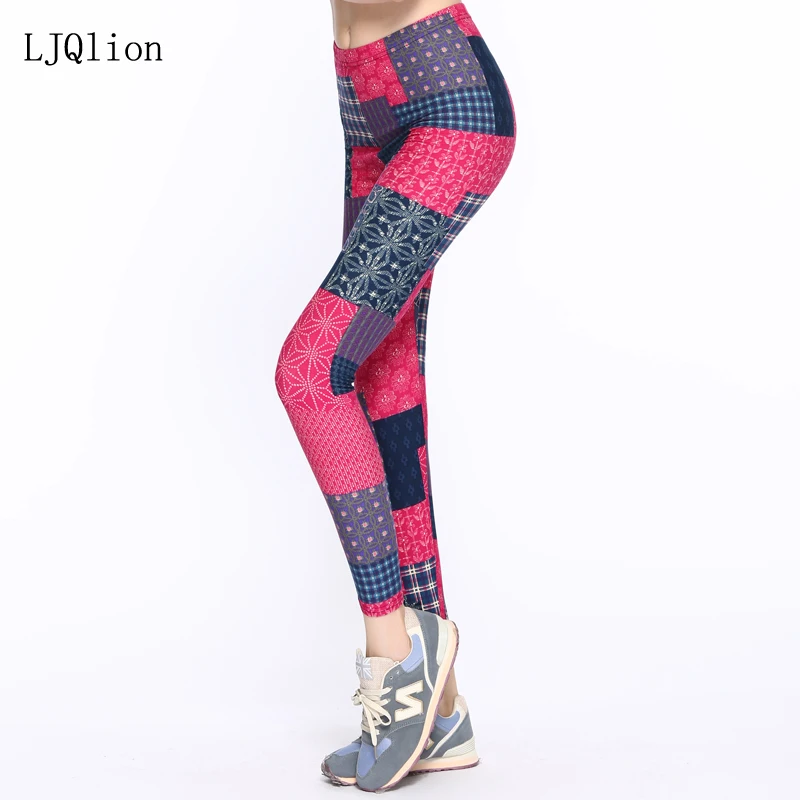 LJQlion бренда леггинсы женские модные леггинсы для фитнеса шить печати леггинсы тонкий высокая талия красные леггинсы Штаны