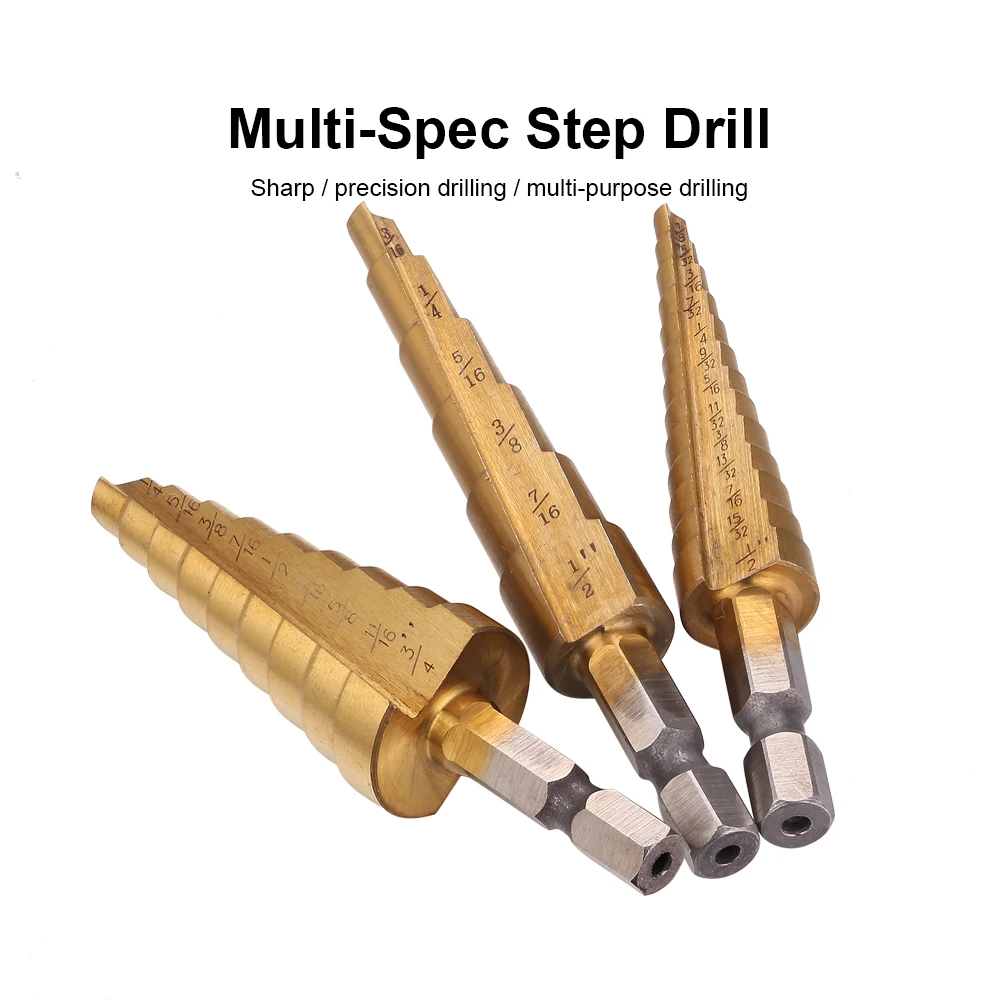 JelBo 3PCS/Set 3/16-1/2 1/4-3/4 1/8-1/2 Step Drill Bit Set  Titanium Coated HSS Hex Shank Step Drill Bit by Power Tool for Metal
