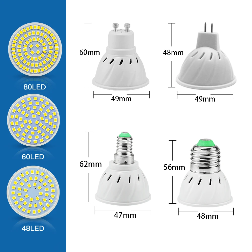 Светодиодная лампа-прожектор, E27 E14 GU10 MR16 Светодиодная лампа 110V 220V 48 60 80 светодиодов 2835 SMD энергосберегающие светодиодные Bombillas lampada для домашнего освещения