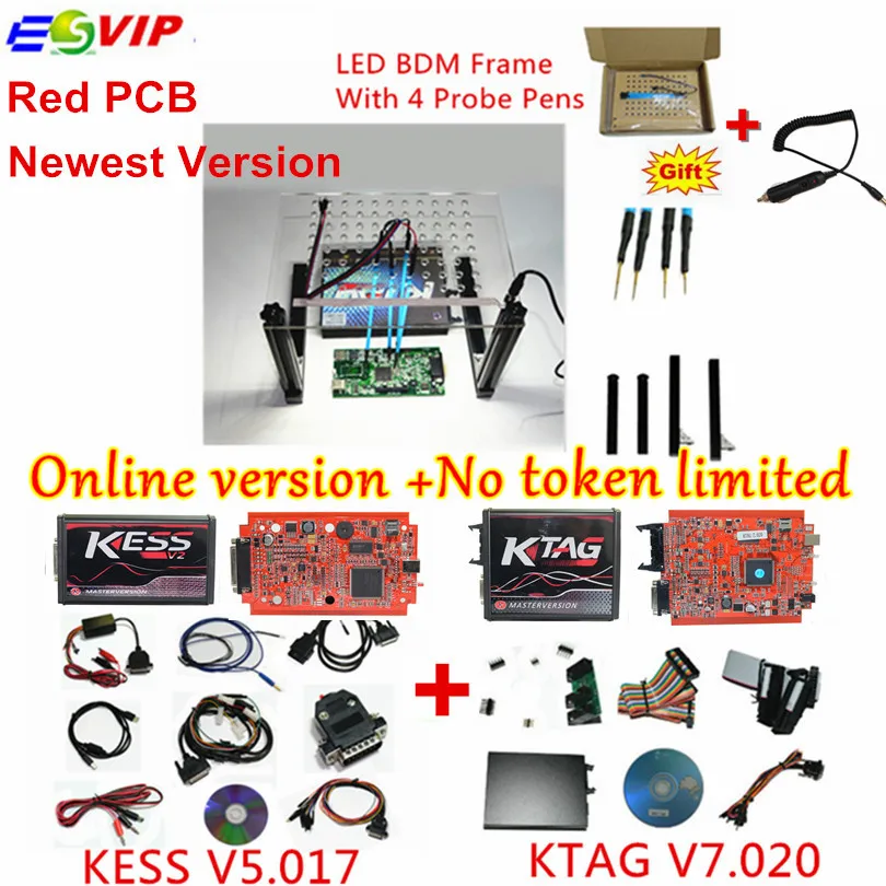 Онлайн V2.47 ЕС красный Kess V5.017 OBD2 менеджер Тюнинг Комплект KTAG V7.020 4 светодиодный V2 5