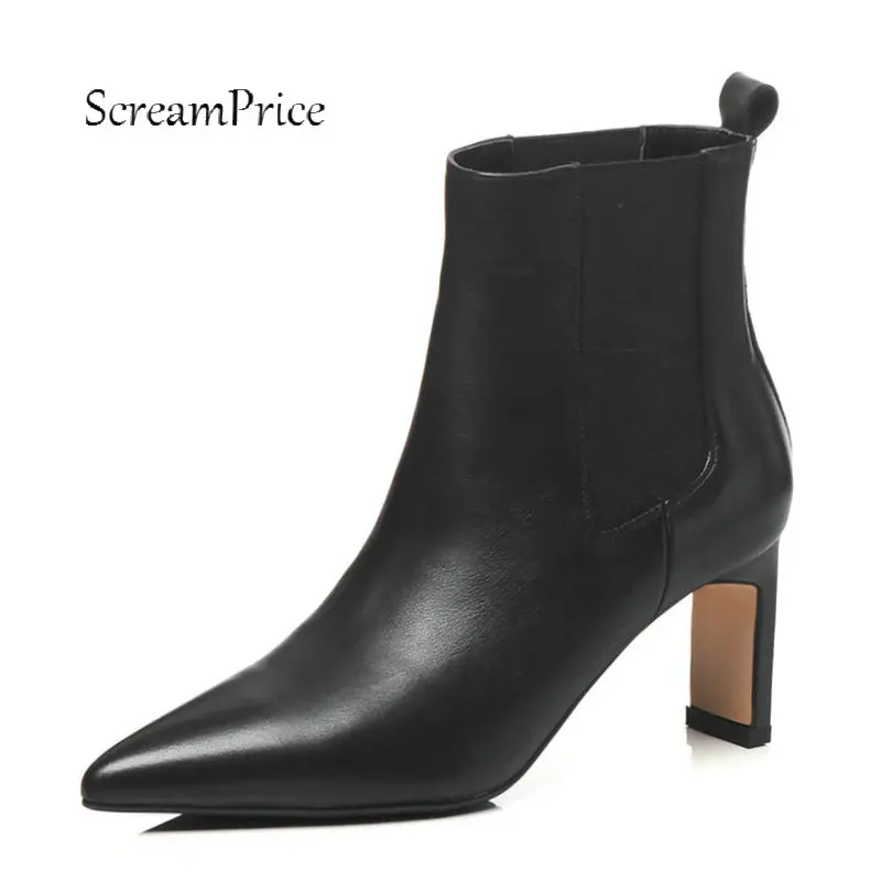 

Female Genuine Leather Square High Heel Chelsea Boots Fashion Pointed Toe Ankle Boots Women Fall Winter Shoes Black Purple