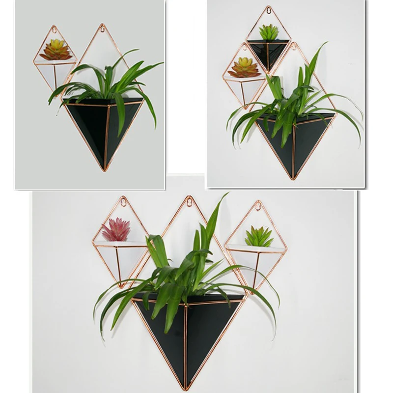 Acrylic flower Pot+ Iron Plant Holders Set Indoor Hanging Planter Geometric Vase Wall Decor Container Succulents Plant Pots