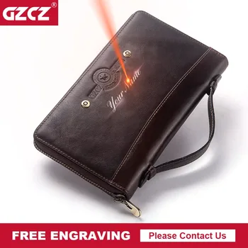 

GZCZ Male Clutch Wallets Vintage Genuine Leather Wallet Men High Quality Long Zipper Purse Cell Phone Pocket Money Bag Tote 2020