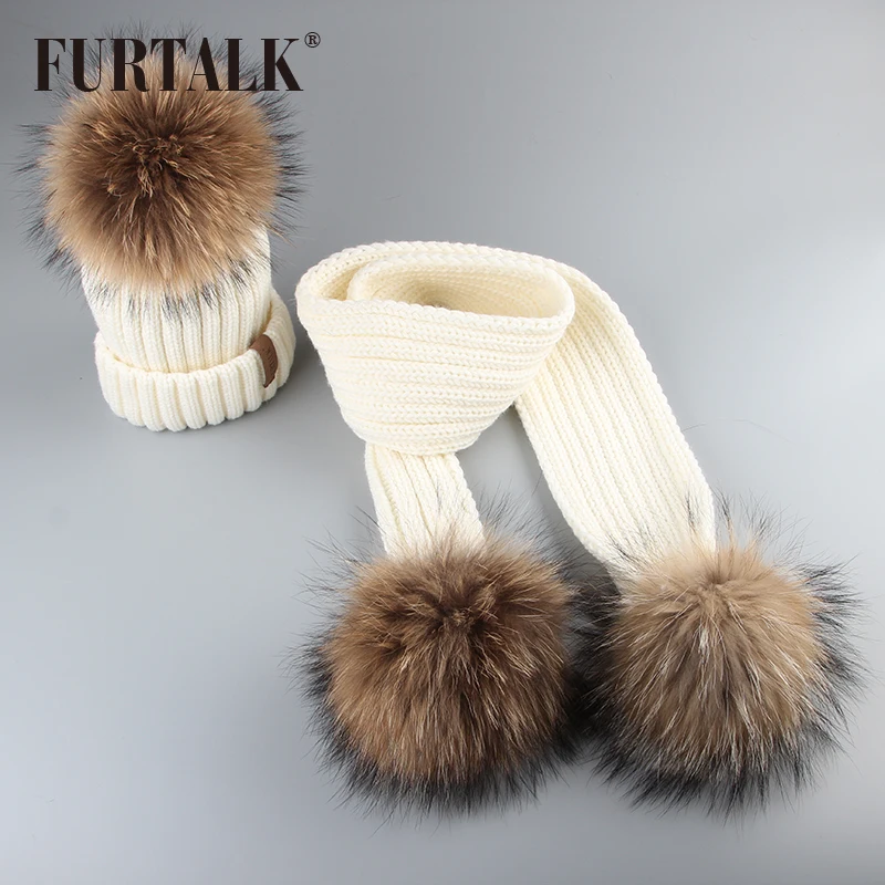 FURTALK Зимний Комплект Шапка и Шарф для детей Трикотажные Меховые Детские Шапки