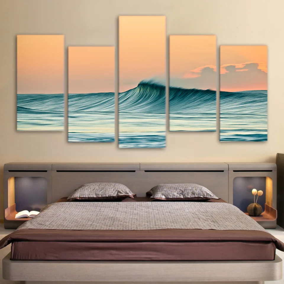 ArtSailing, 5 картин, печать на холсте, морские волны, Картина на холсте, морской пейзаж в закате, модульные картины для домашнего декора, деревянная рамка