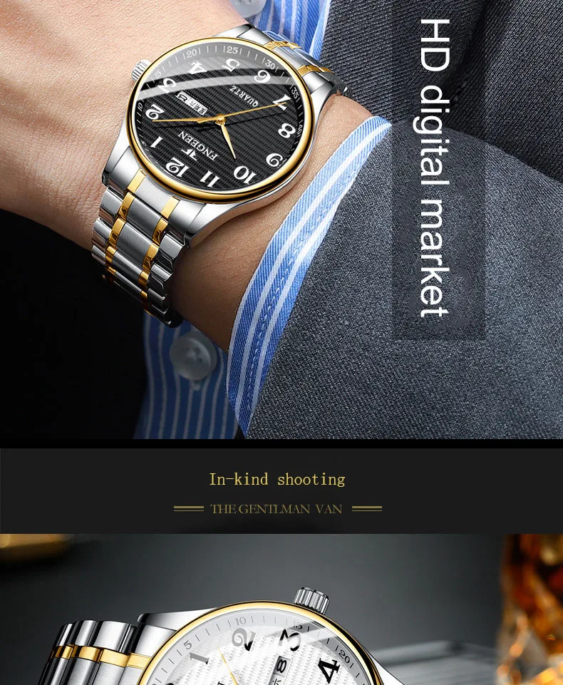 FNGEEN, роскошные Брендовые мужские часы, водонепроницаемые, ремешок из нержавеющей стали, кварцевые часы, модные, с календарем, мужские