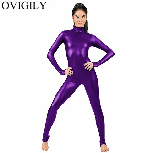 OVIGILY Женское боди, костюм из спандекса для танцев, балета, гимнастики, комбинезон для взрослых, черный блестящий металлический комбинезон с длинным рукавом - Цвет: Purple