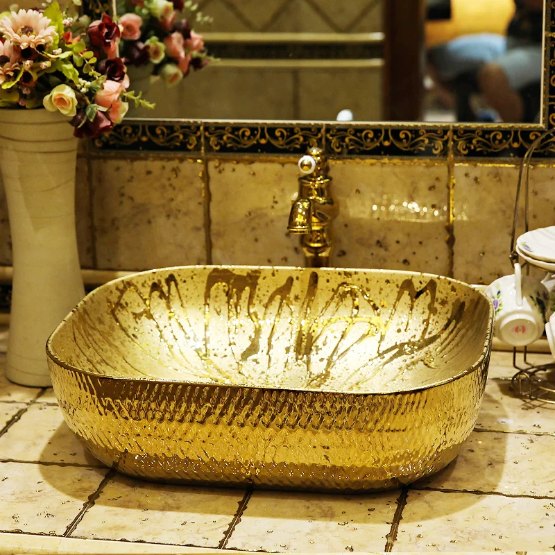 Oval Europe Style Handmade Countertop Ceramic wash basin Bathroom Basin Bathroom Sink porcelain oval wash basins gold color (2)