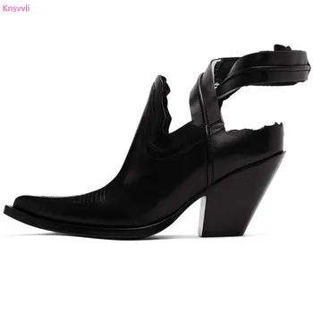 

New Embroidery Western Cowboy Boots Women Hollow Outs Shoes Ladies Ankle Cross Strap Chunky High Heels Woman Motorcycle Boots