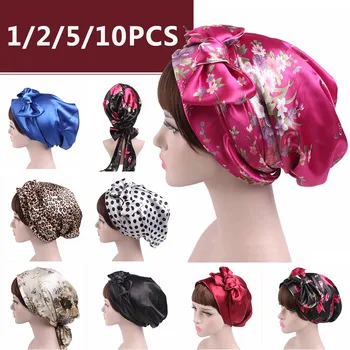 

1/2/5/10pcs Soft Silk Women Night Sleep Shower Cap Adjustable Long Hair Care Bonnet Headwrap Hat Soft Satin Hat Accessories 58cm