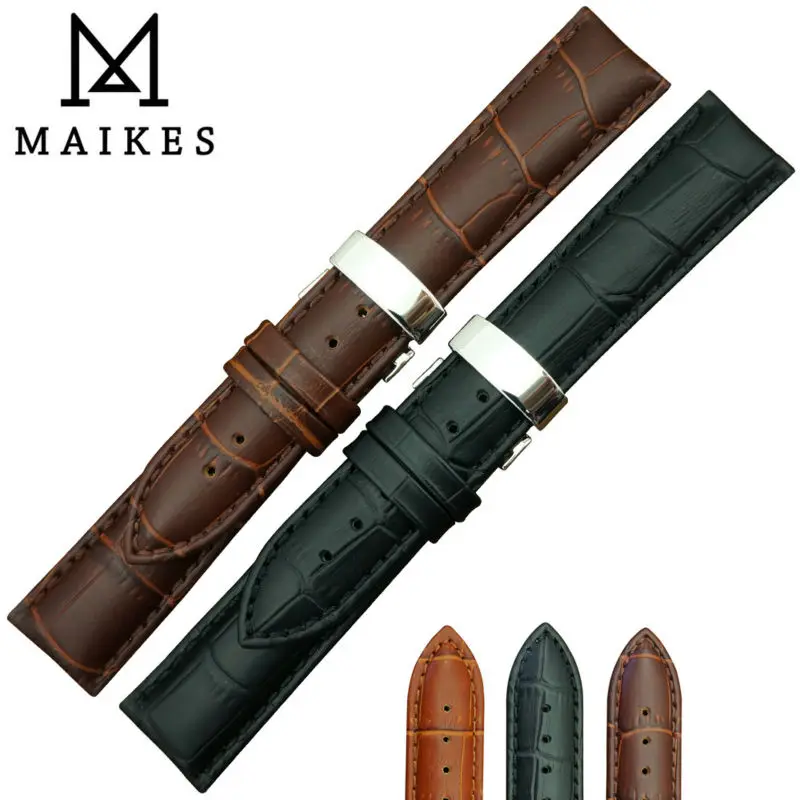 Ремешок MAIKES из натуральной кожи для наручных часов черный браслет с пряжкой