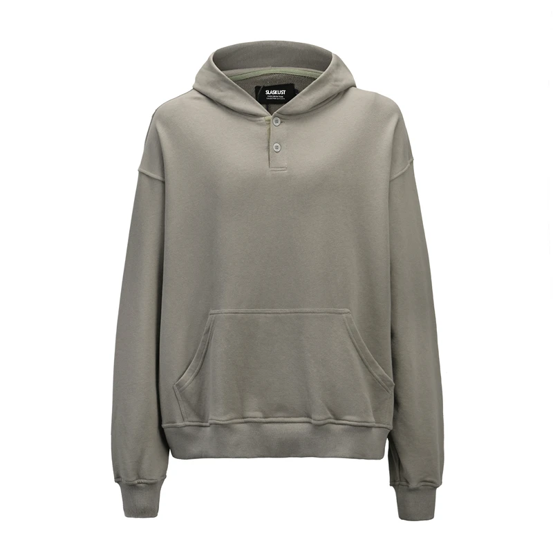 

Heavy Cotton Henley Hoodies Hip Hop Relaxed Fit Button Placket Raglan Sweatshirt