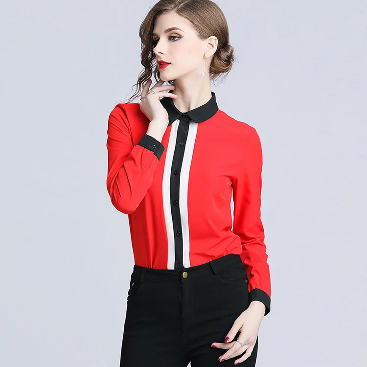

Europe and the United States Spring New Fashion Temperament Contrast Color Lapel Long Sleeve Waist Slimming Wild Bottoming Shirt