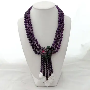 

18'' 3 Strands Round Purple Stone Necklace White Pearl CZ Pave Pendant