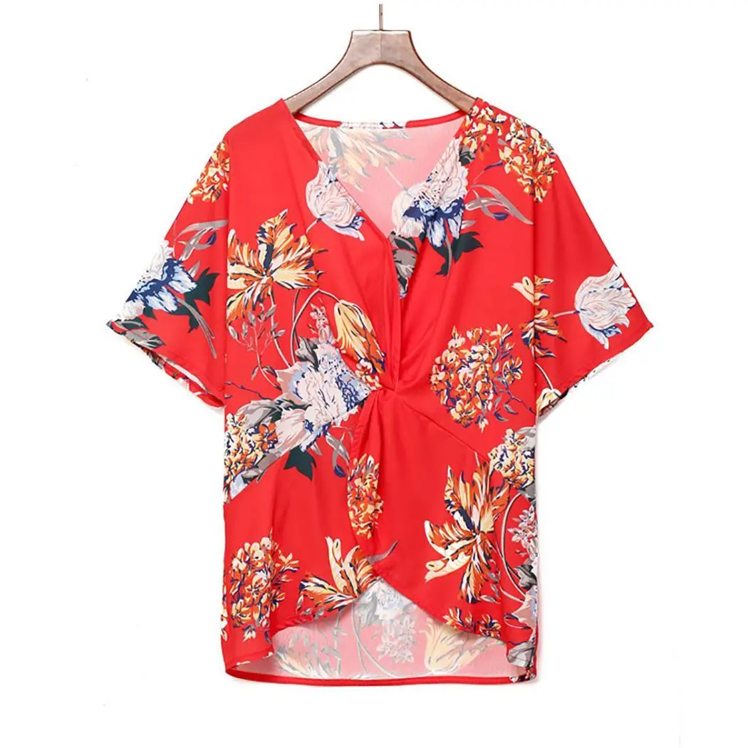 

Women Casual Floral Print V Neck Short Sleeve Ruched Twist Shirts Summer Knot Loose Chiffon Regular Blouse