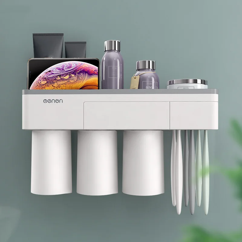 

Magnetic Toothbrush Holder Toothpaste Storage Set with Dustproof Cover Upside Down Drain No Drill MYDING