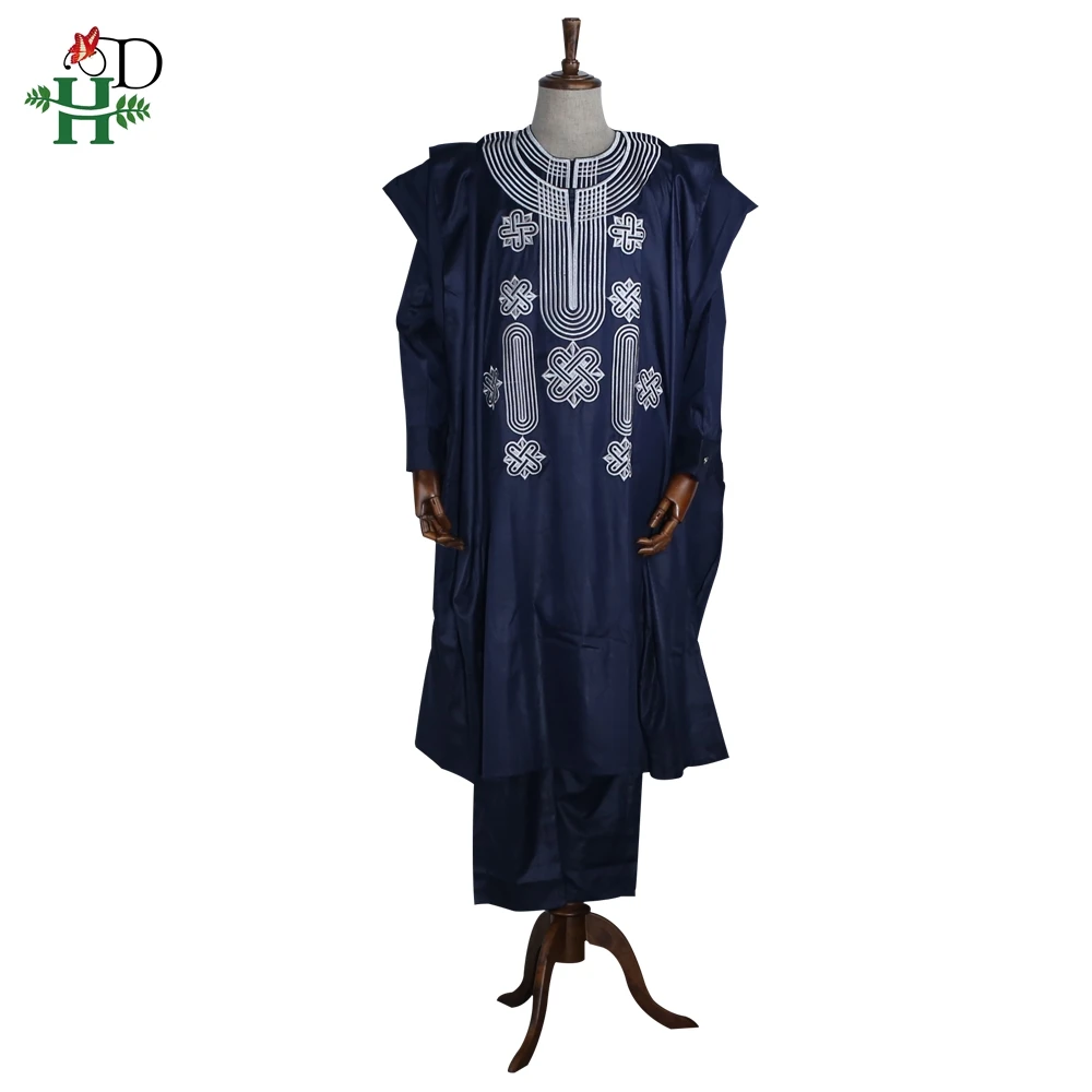 Африка для мужчин Дашики Базен riche костюмы Топы Рубашка Брюки 3 шт. набор вышивка темно синий черный белый Африканский мужская одежда халат - Цвет: Тёмно-синий
