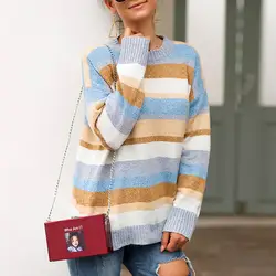 Осенне-зимний вязаный свитер в полоску для женщин, трикотажные свитеры, трикотажные свитеры контрастного цвета