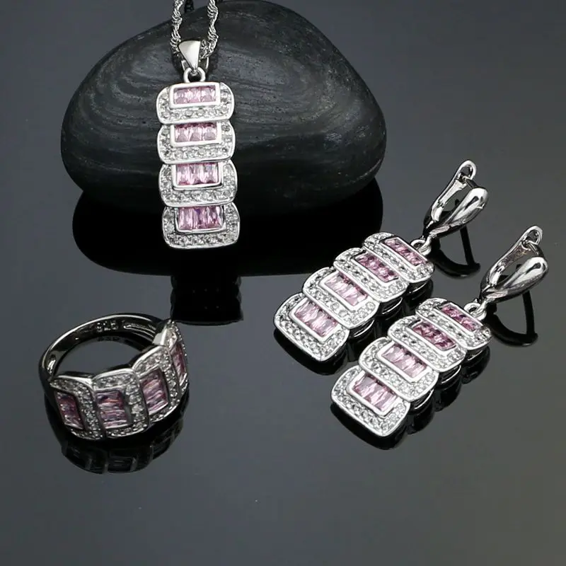 

Square 925 Sterling Silver Bridal Jewelry Sets For Women Pink Cubic Zirconia White Crystal Earrings Ring Necklace Pendant