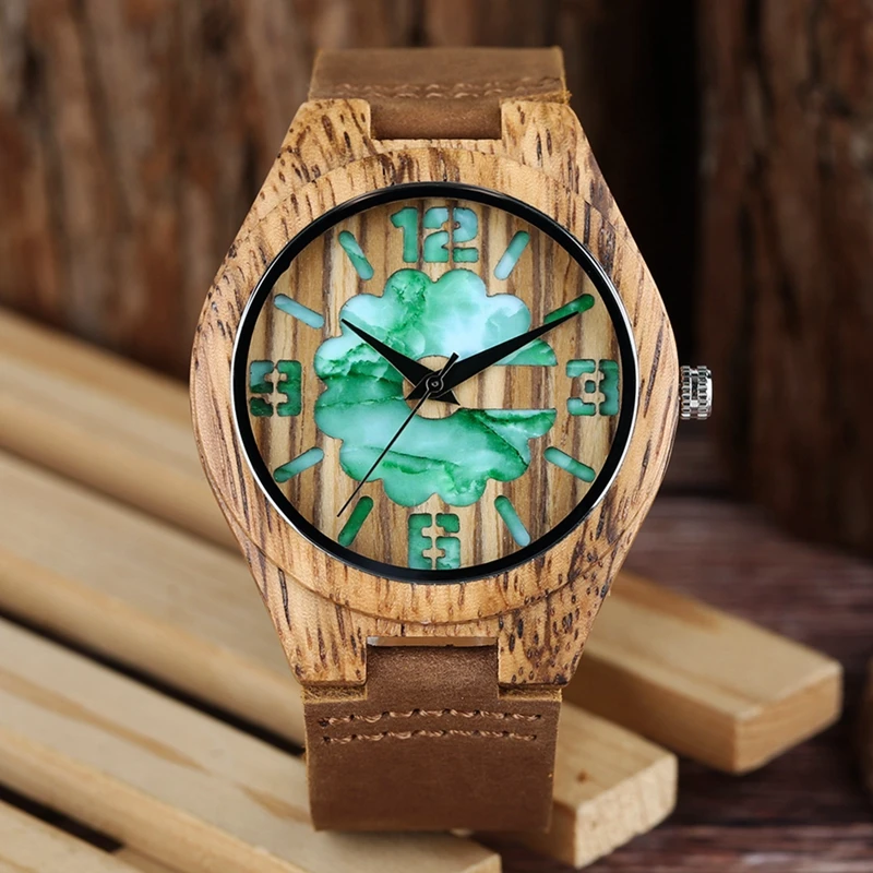 Top Gifts Wooden Watches for Men Vintage Coffee Unique Marble Dial Men's Watch Zebra Wood Green Quartz Analog Watch Reloj Hombre 2018 (7)