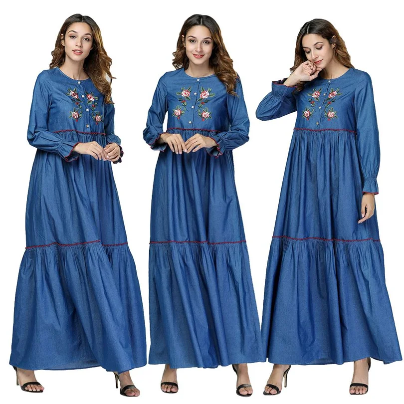 

Muslim Women Denim Embroidery Dress Maxi Draped Design Long Gown Buttons Patchwork Islamic Abaya Robes Party Cocktail Dresses