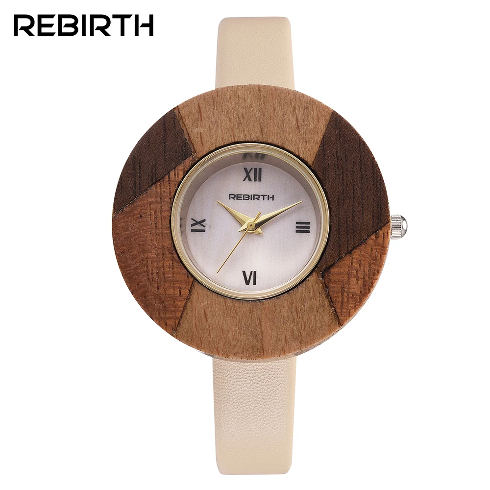 

2017 Dress Watches Women Waterproof REBIRTH Fashion Brand Wooden Quartz Ladies Watch Casual Female Clock with Leather band