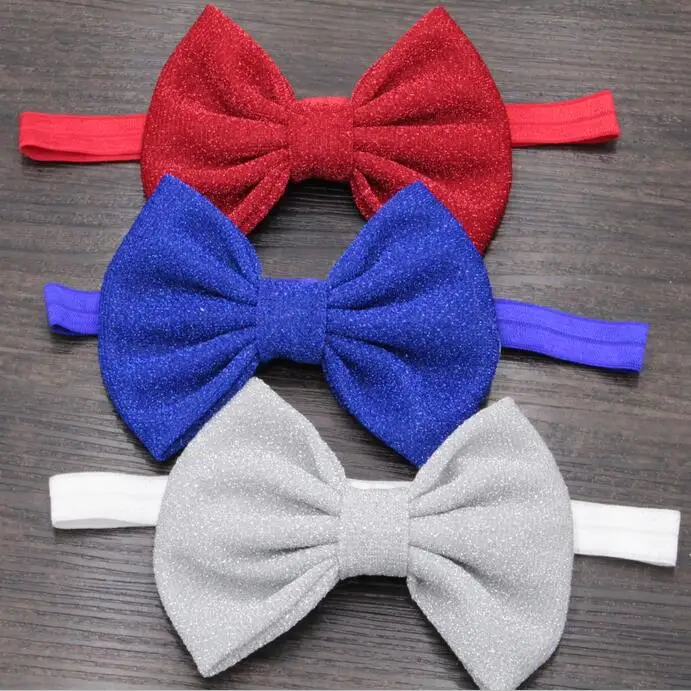 9pcs/lot 5&quot Large Messy Glitter Bow Shimmery 5/8'' Solid Elastic Headband Creative 4th of July Headwear |
