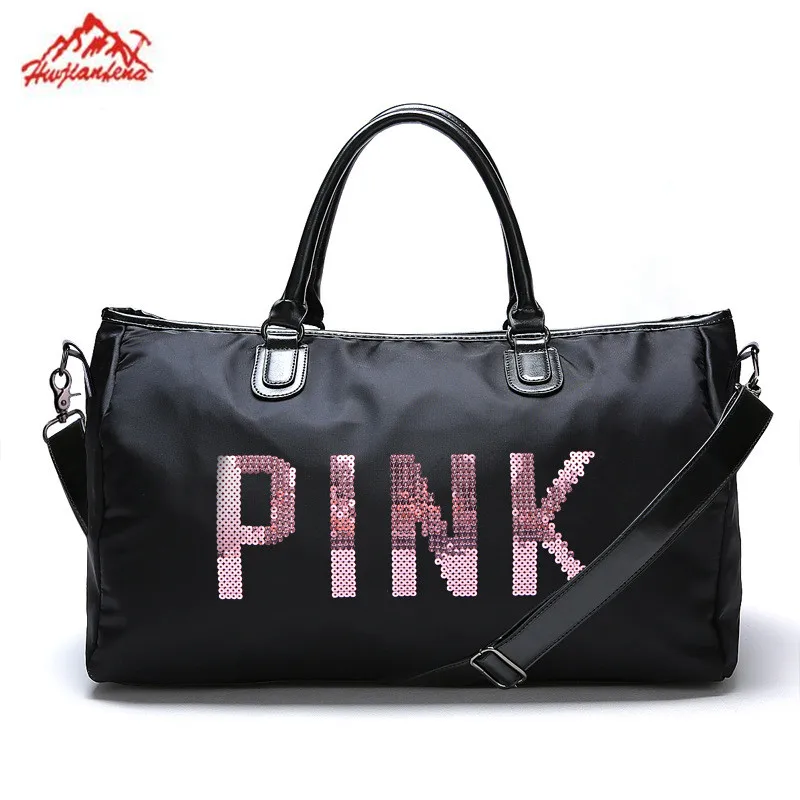 

Designer Metal Sequins PINK letters Gym bag for women large sport fitness bag Women Tote Handbag Travel Duffle Bolsa