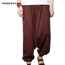 Мужские брюки с низкой талией, новые льняные хлопковые свободные брюки с заниженным шаговым швом, льняные мужские брюки со шнурком, однотонные льняные мешковатые брюки, размер M-2XL
